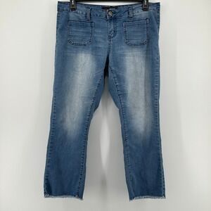 Love Revival Medium Wash Denim Raw Hem Patch Pockets Faded Mid Rise Jeans 11 Y2K